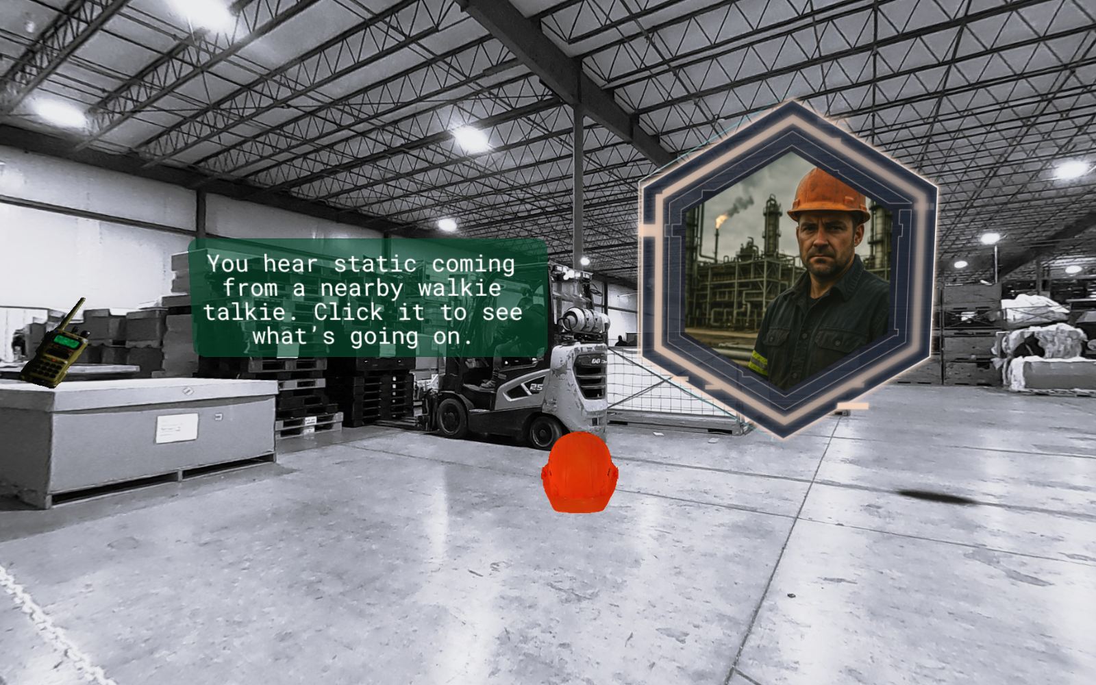 Warehouse floor scenario with a worker and equipment in the Find the Hazard module